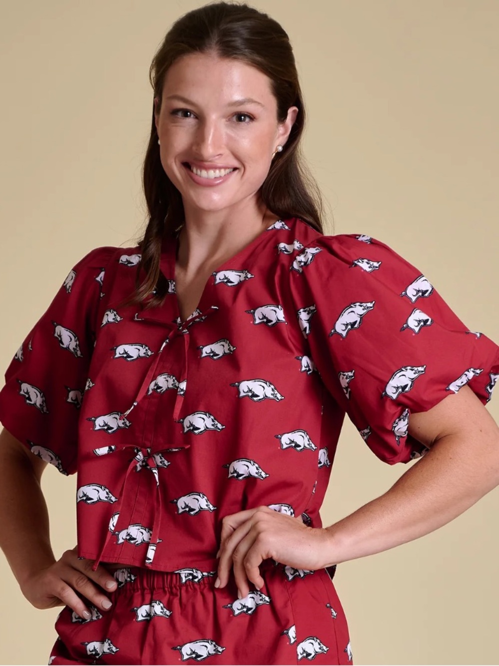 Arkansas Razorbacks Poplin Puff Sleeve Tie Top Stewart Simmons Medium NWT $89